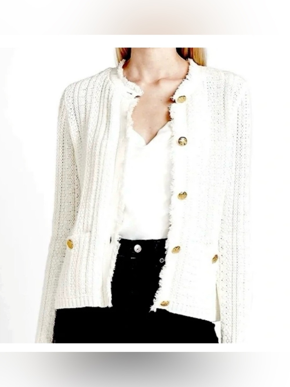 Express white Cable Knit Sweater Cardigan Blazer gold buttons old money M